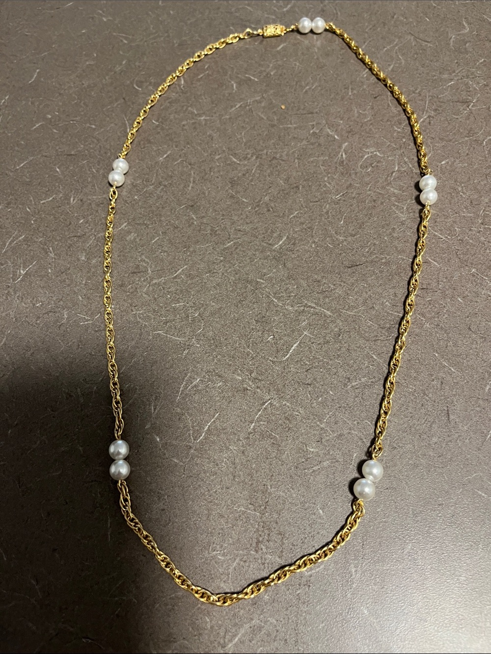Gold Rope Chain Necklace with White Pearl Accents - nice decorative  clasp 12”
